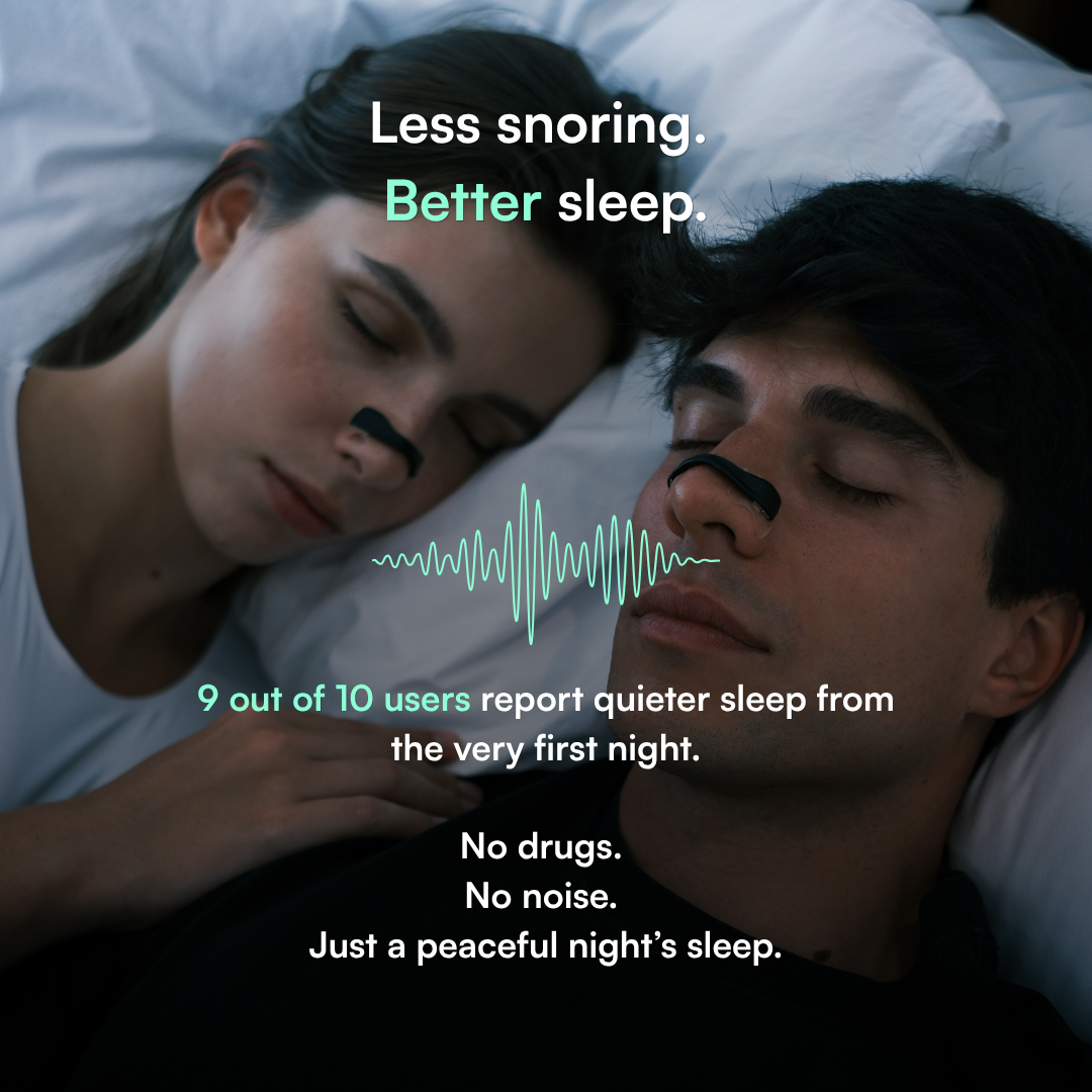 A couple asleep in bed, under the words less snoring, better sleep.