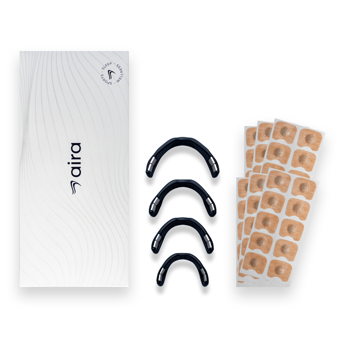 The aira kit unpacked: the box, four magnetic nasal bands in ascending sizes, and sheets of adhesive tabs.